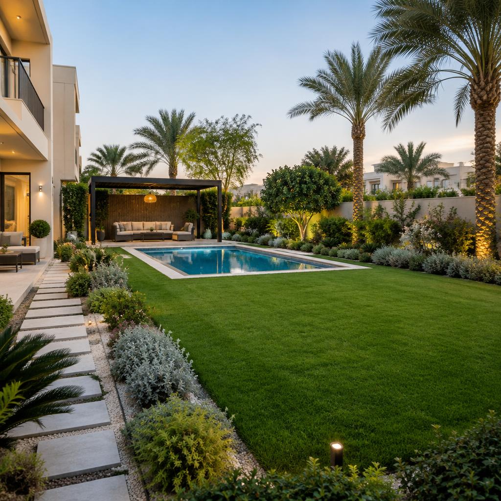 Family garden and compact pool – villa pool and garden inspiration