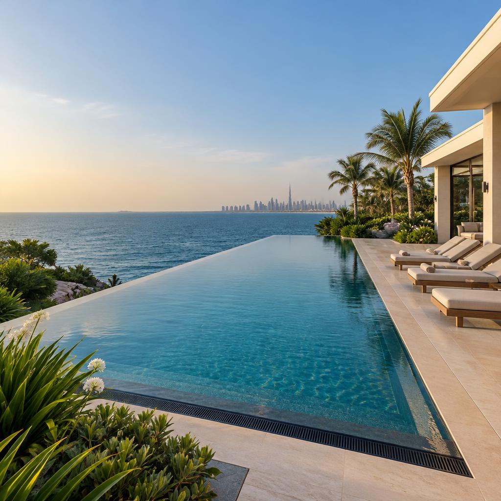 Coastal infinity pool and terrace – villa pool and garden inspiration