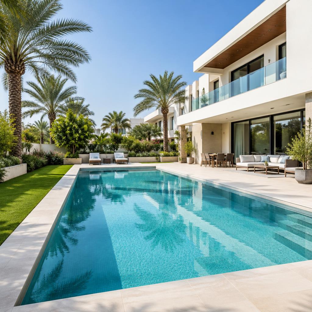 Contemporary pool and villa garden – villa pool and garden inspiration